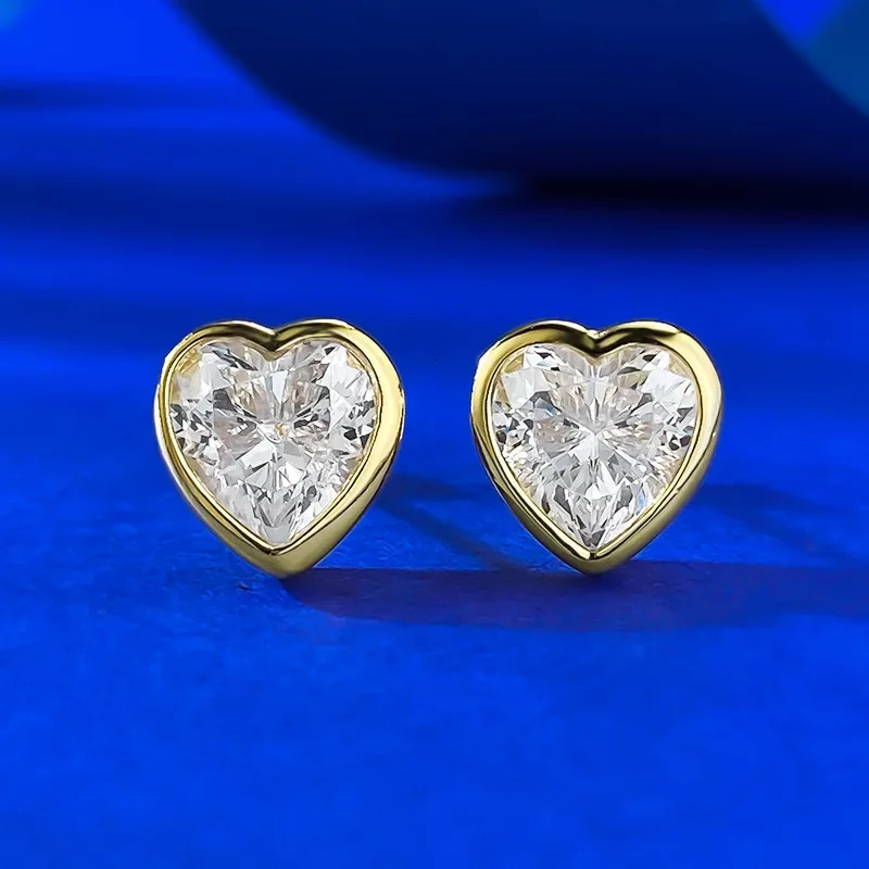 14K Gold Heart Lab Diamond Stud Earring 100% Real 925 Sterling Silver Wedding Earrings for Women Party Jewelry 250610