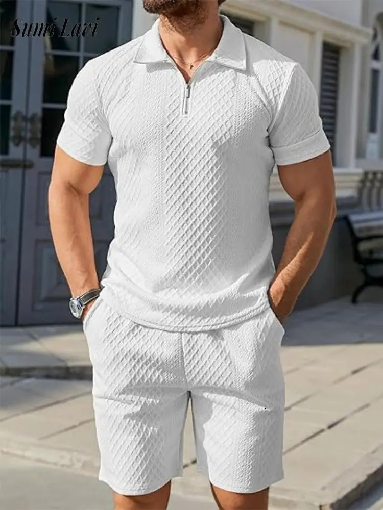 Stylish Textured Knit Outfits Mens Summer Casual Short Sleeve Polo Shirt And Shorts Two Piece Sets Men Jacquard Suits 250606