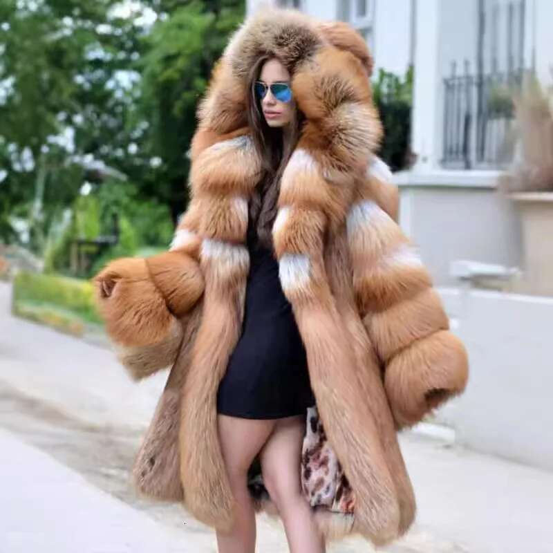 Women's Double-Faced Fur Jacket, Hooded Long-Sleeve Fur Coat with Cashmere Lining, Brown/Tan Stand-Collar Open-Stitch Outerwear for Casual Winter We