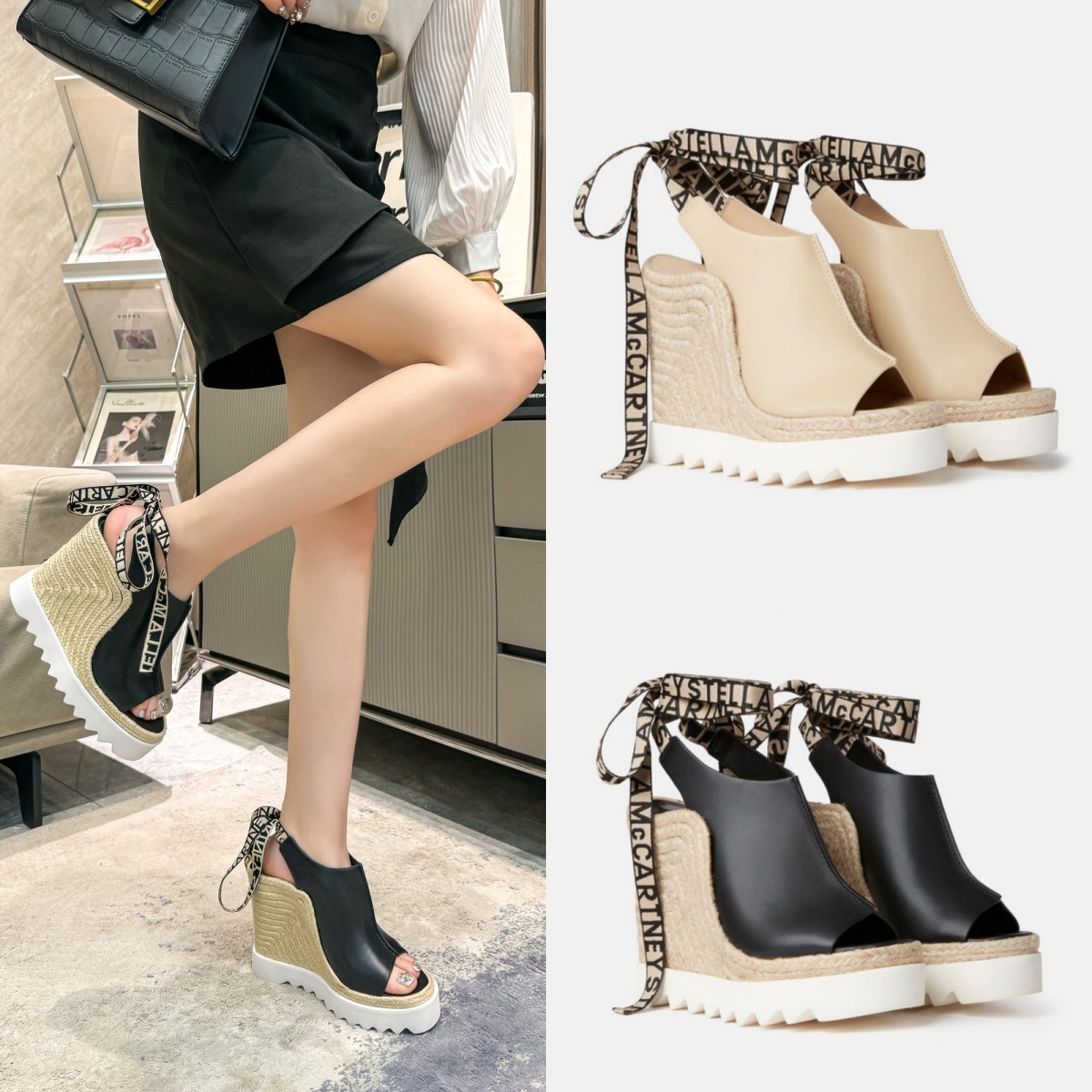 Black leather Fisherman Gladiator Sandale Designer slipper Womens stella Platform Sandal Summer Straw Ankle Strap rope slide Casual wedge Luxury sho