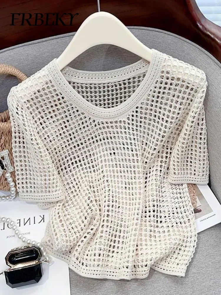 Streetwear Jumper Summer Hollow Thin Short Sleeve Loose Round Neck Knitwear Outerwears Oversized Sweater Women Korean Fashion 250610