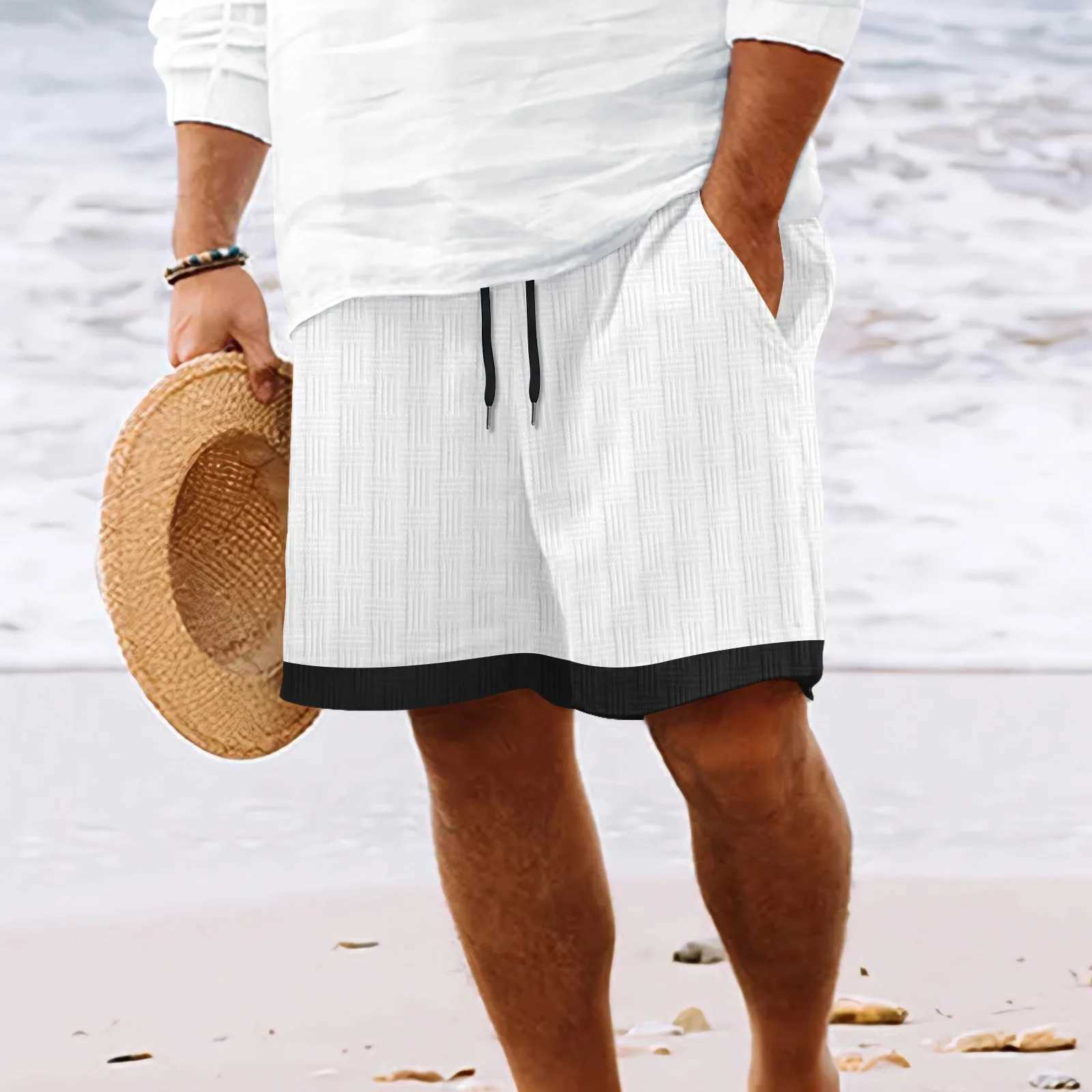2025 Fashion New Mens Hawaiian Beach Style Everyday Casual Solid-Color Jacquard Lace-Up Comfortable and Breathable Shorts W250610
