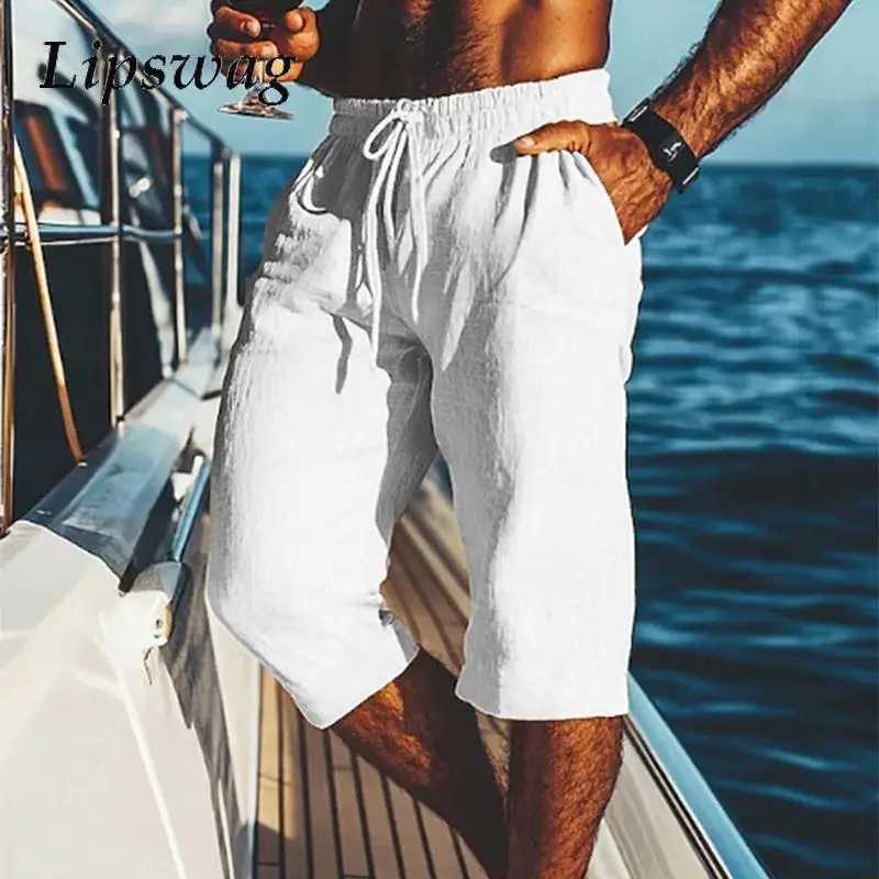 Summer Vintage Solid Color Loose Knee-length Straight Shorts Men Leisure Breathable Shorts Vacation Seaside Casual Shorts Mens W250610