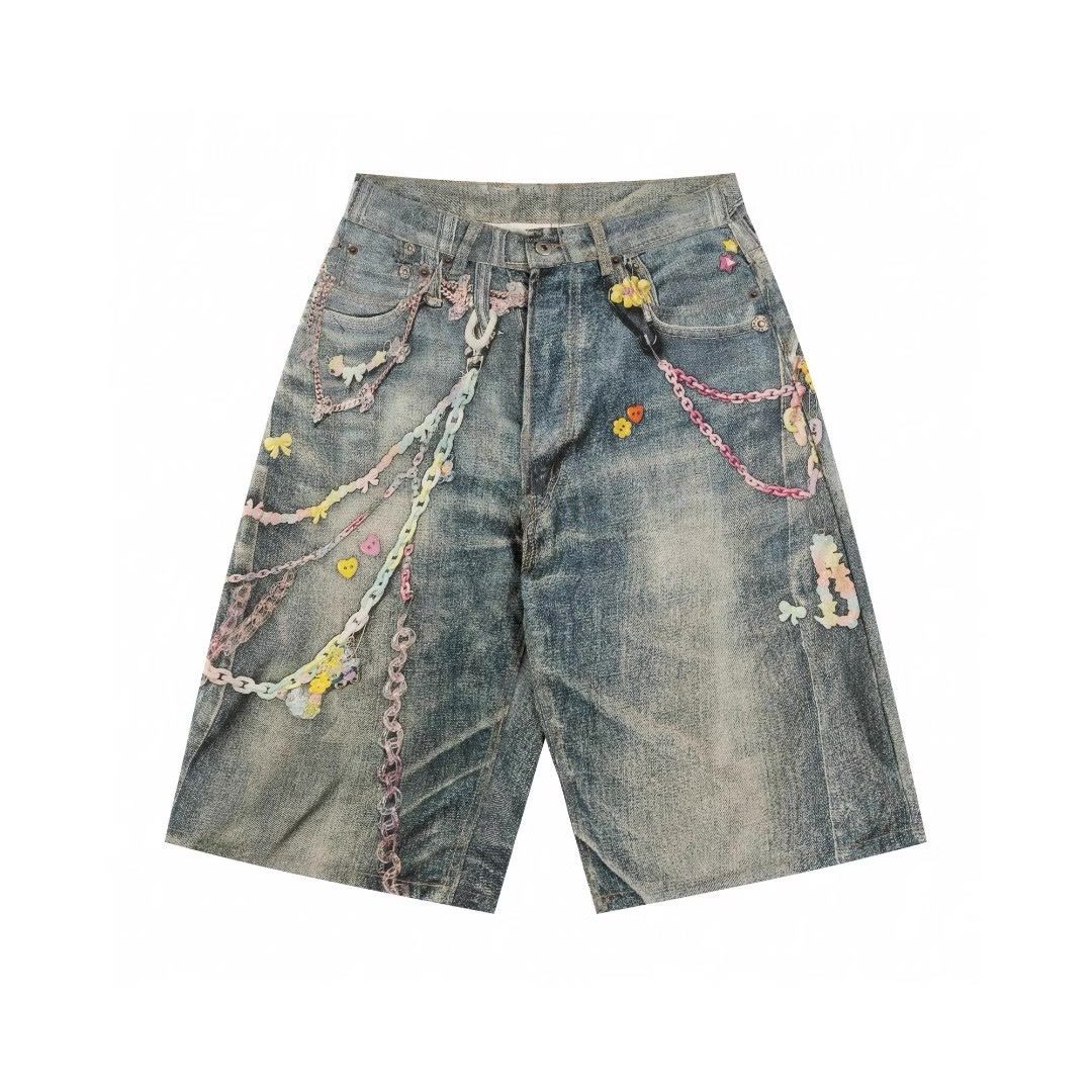 25SS Mens Denim Shorts Jeans Candy Chain Designer "Make old" Fold 3D Digital Printing Loose Capri Pants Trousers Casual Fashion Unisex S-3