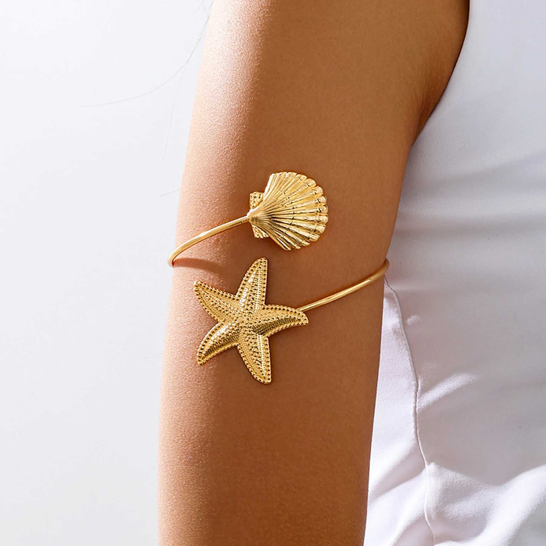 New Arrival 1 Pcs Golden Alloy Starfish Scallop Arm Bracelet Summer Beach Vacation Dance Party Cuff Bracelets Womens Jewelry Accessories U250606
