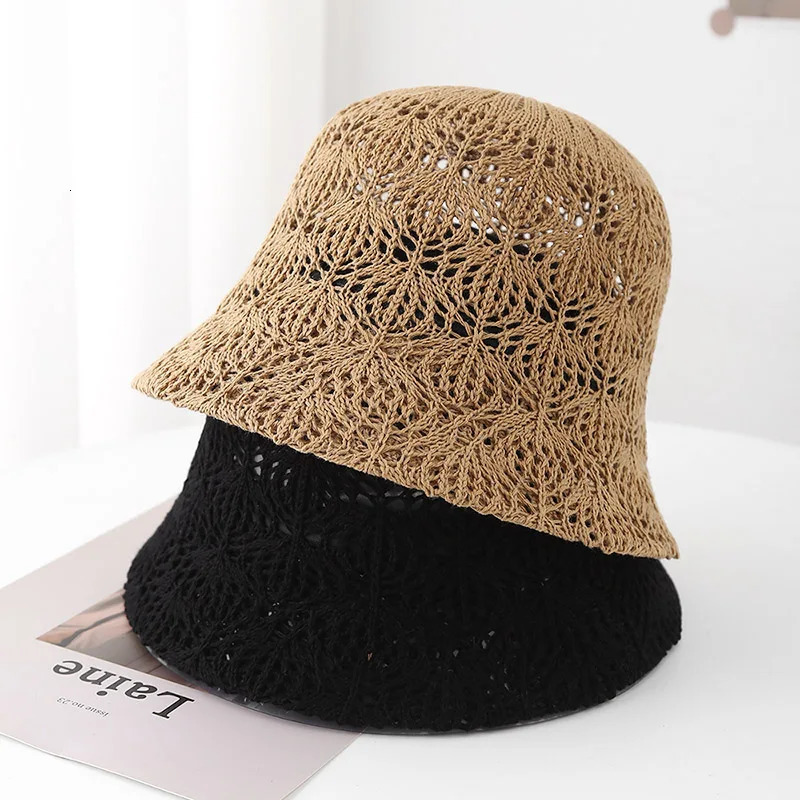 Chapeau de seau de grille creuse pour femmes Chapeaux de pêcheur en lin mince d'été Capes de plage de la chaîne de perle blanche à la mode 250606