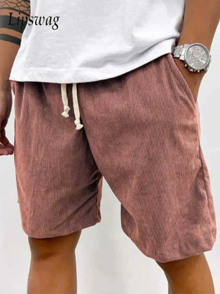 Vintage Corduroy Texture Ribbed Mens Shorts New Casual Solid Color Loose Straight Shorts Summer Seaside Men Drawstring Shorts W250610