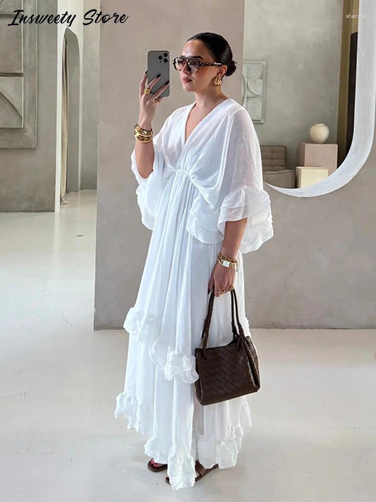 Casual Dresses Loose Ruffles Dress Women's Solid V-neck Half Sleeve Pleated 2025 Spring Summer Lady Fashion Vacation Robes