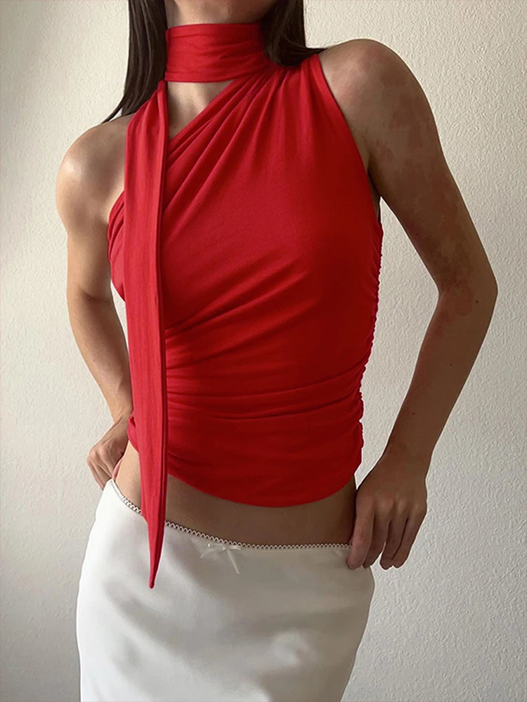 Sexy Red Tank Top Summer Womens Sleeveless One Shoulder Casual Bodycon Streetwear Top Fashion Ribbons Slim Party Lady Tank 250606