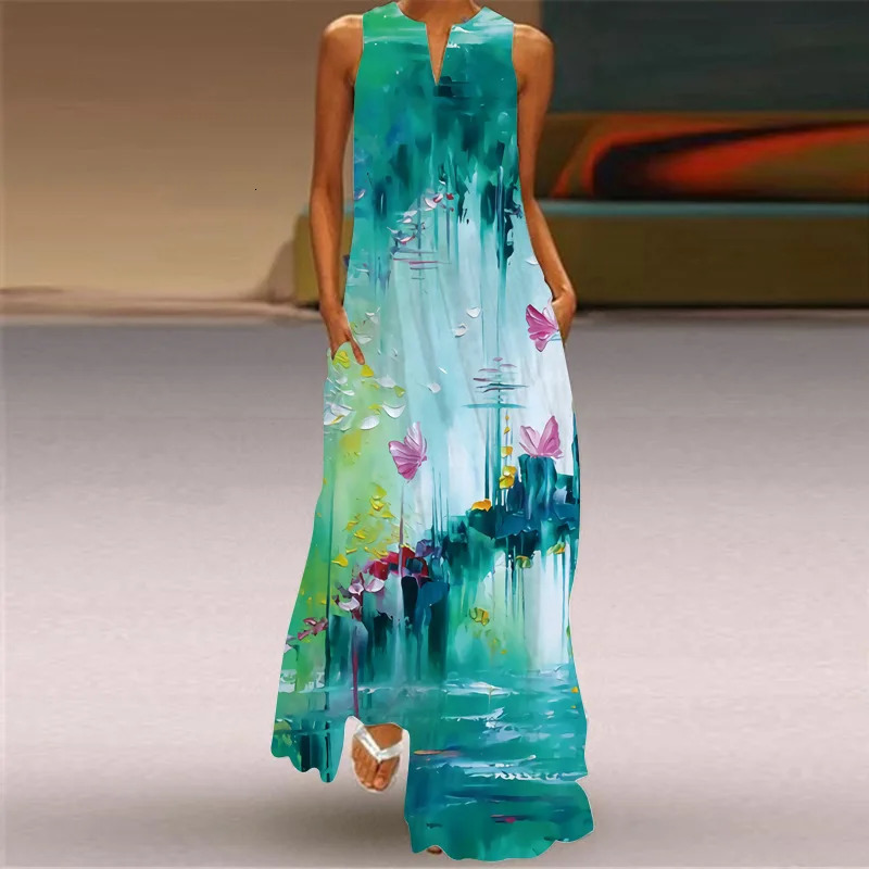 Robe sans manches sexy en V pour femmes Fashion Summer Sundress Imprime-imprimé riches longues avec robe maxi de poche