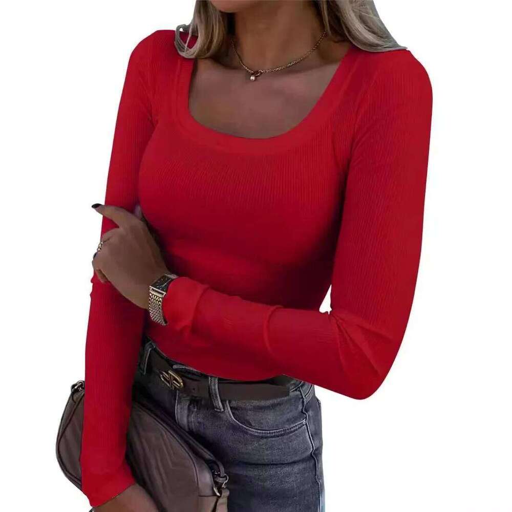 Slim Fit Sleeve Square Collar Women's Multi-Color Hot Sale Of The Season Trendy Thread Pit Stripe Long T-Shirt Fema