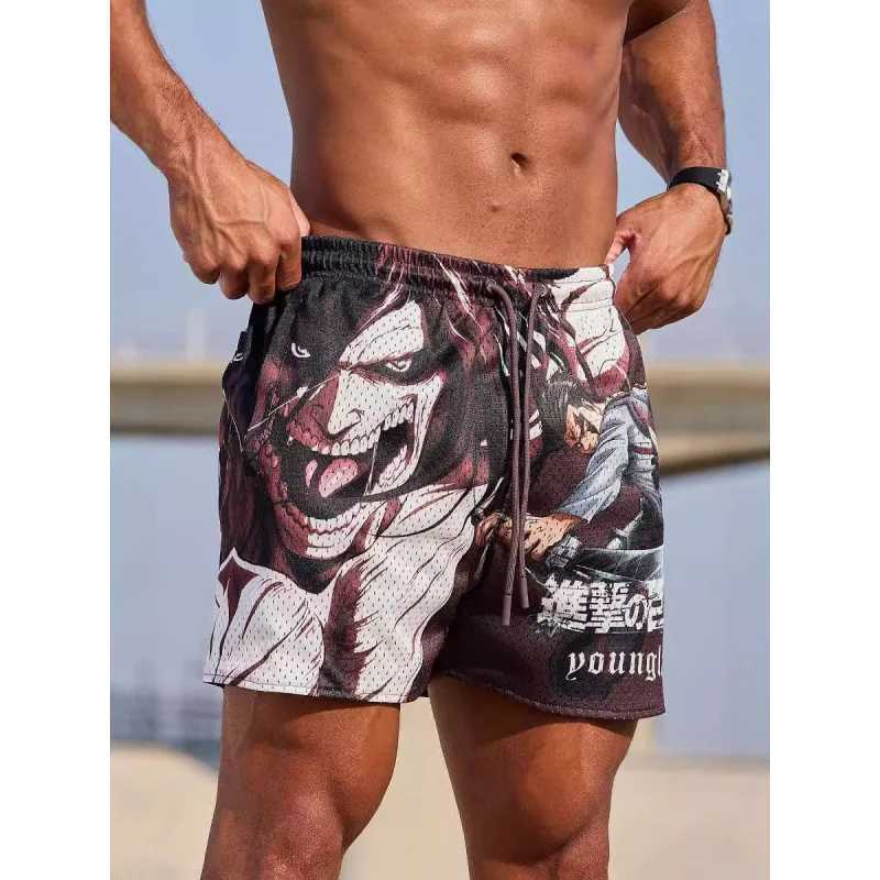 Men's Graphic Print Shorts - Casual Anime Character Print Capris with Drawstring, Acrylic Knit Vacation Beachwear for Summer Travel, Resort Wear,