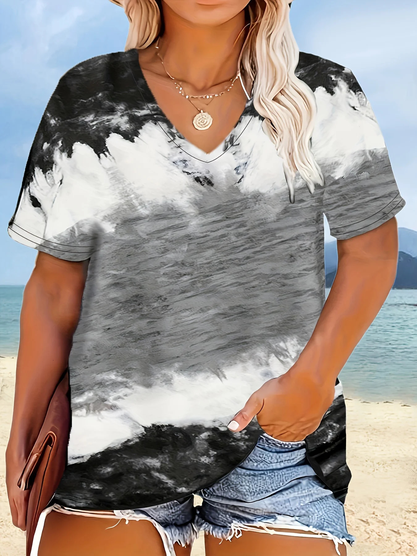 Plus size 1XL5XL Fashionable Womens Tie Dye Tshirt ladies Casual VNeck Simple Gray Short Sleeved Loose Daily Top 250603