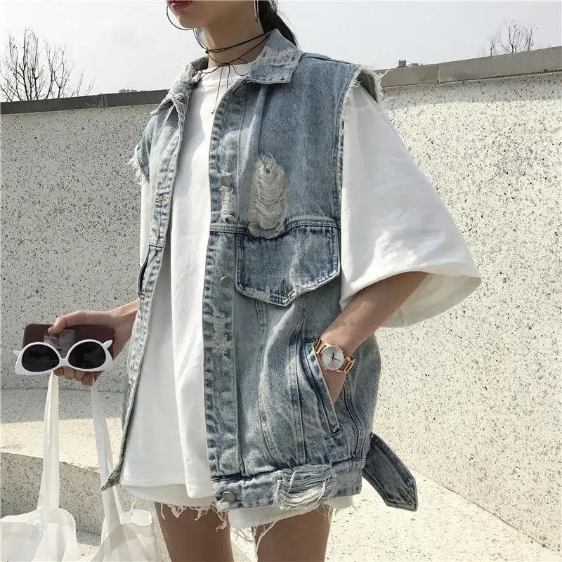 Womens Ripped Denim Vest Sleeveless Top Coat Korean Fashion Streetwear Retro Loose Spring Summer Autumn Student Jacket 250609