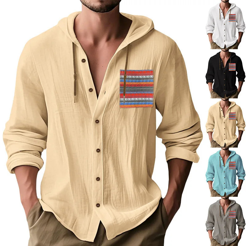 Bohemian Style 100% Cotton Linen Shirt Men Pocket Patchwork Long Sleeved Hooded Top Spring Summer Fashion Retro Hoodie Shirts 250606