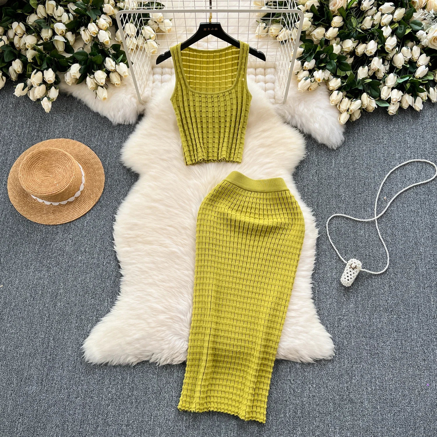 Summer Women Fashion Skirt Set Sexy Sleeveless Tank Tops High Waist Slim Long Saya Female Two Piece Suits Knit Solid Clothes 250606