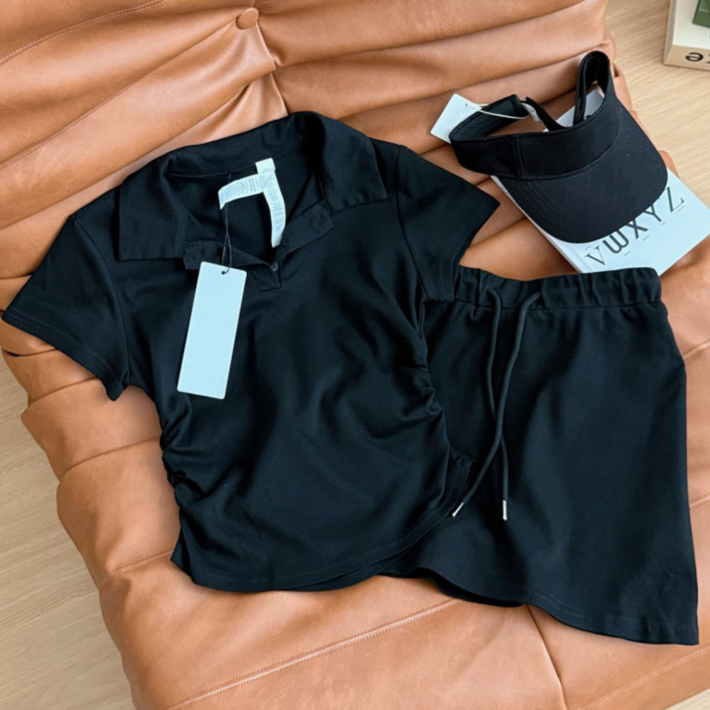 High Quality Womens Yoga Outfit T-shirt+Skirts Tennis Sport Running Sets High Waist Sportwear Turn-Down Collar T-shirt YGS022