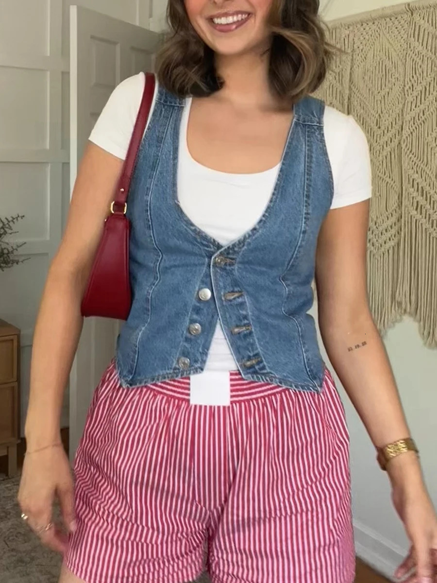 Denim Vest For Women Sleeveless Button Vest Solid Slim Outwear For Women Spring Autumn Casual Denim Crop Tops250609