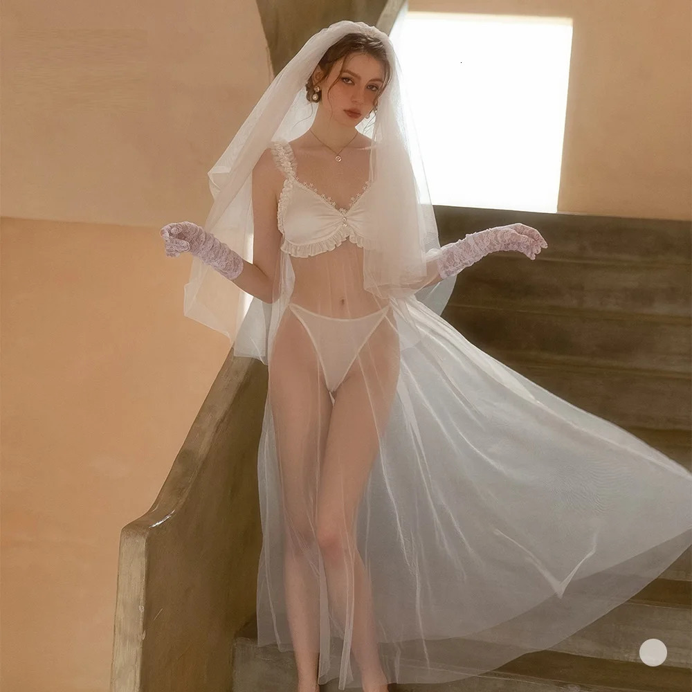 Fashion Womens Sexy Mesh See-through Roleplay Bride Lingerie Dress Lady Naugty Stylish Cosplay Party Wedding Costumes 250610