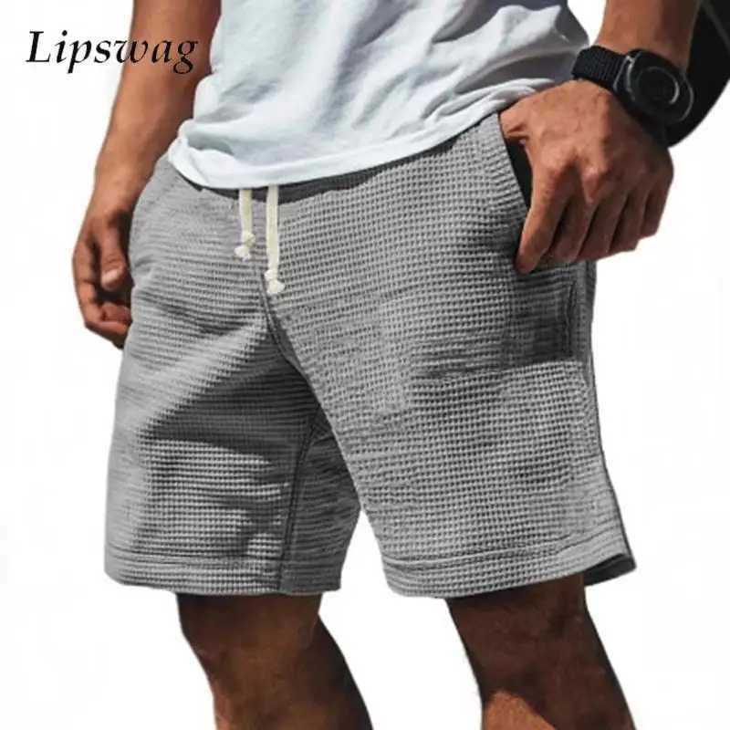 Outdoor Trendy Waffle Plaid Texture Shorts Men Spring Summer Casual Solid Color Short Pants Mens Leisure Drawstring Loose Shorts W250610