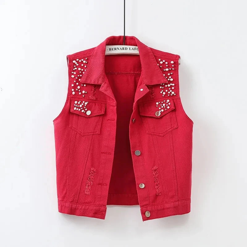 Colorful Denim Jacket Waistcoat Womens Spring Summer Slim Hole Beaded Sleeveless Coat Female Short Casual Vest Outwear Tops250609