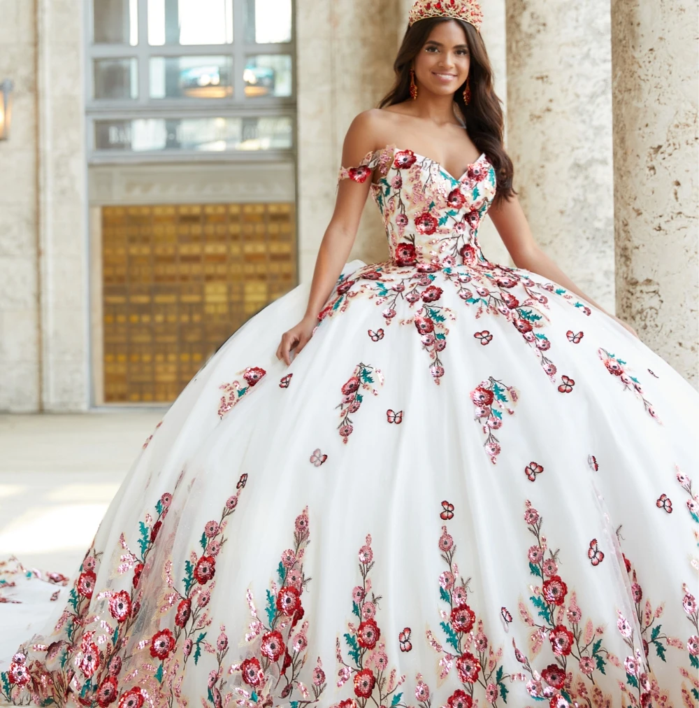 Robes de Quinceanera à paillettes blanches personnalisées, robe de bal, épaules dénudées, Appliques en Organza, broderie de fleurs à paillettes,