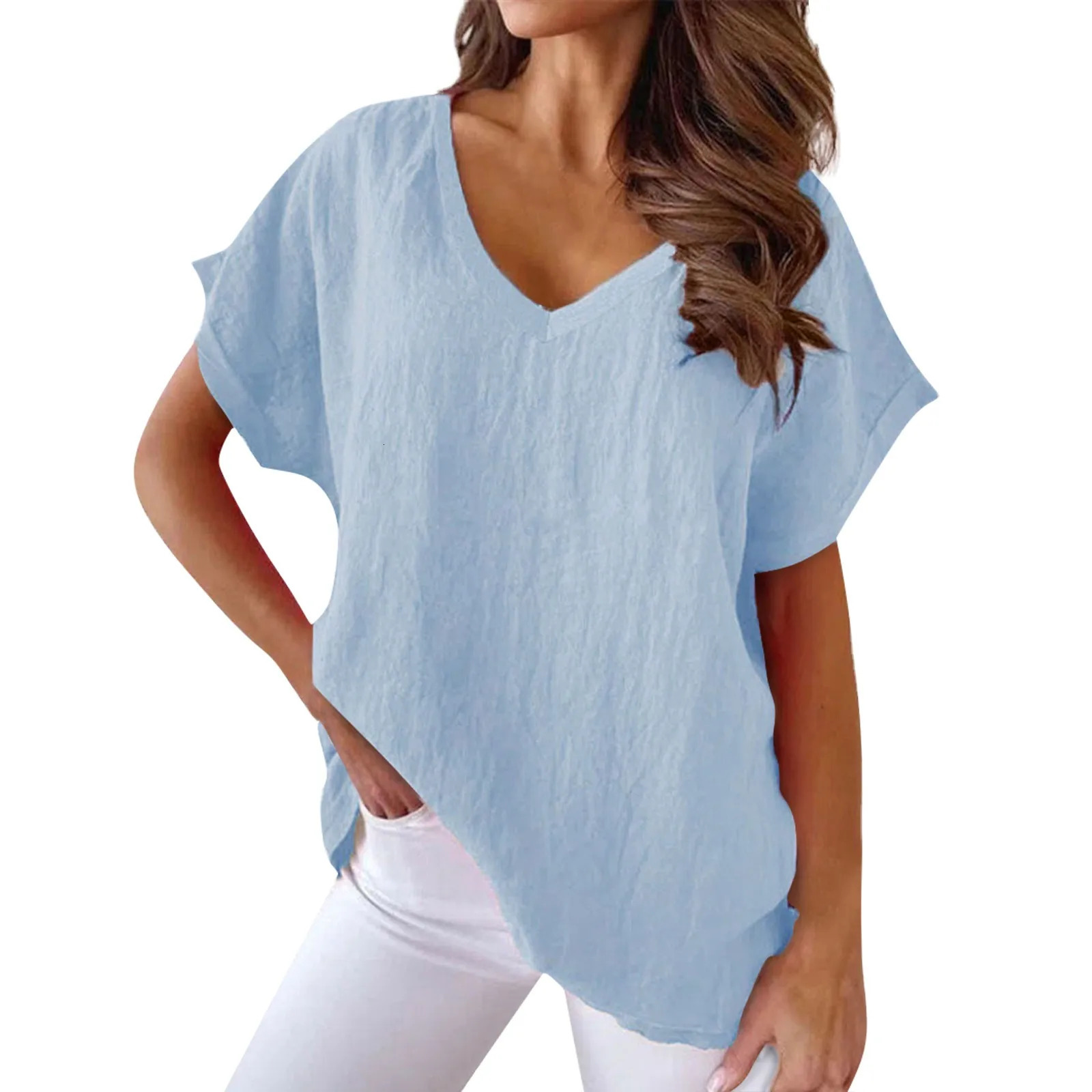 Womens Solid color Versatile Tops Fashion deep VNeck top Casual Cotton Short Sleeve tShirt breathable ropa mujer juvenil 250603