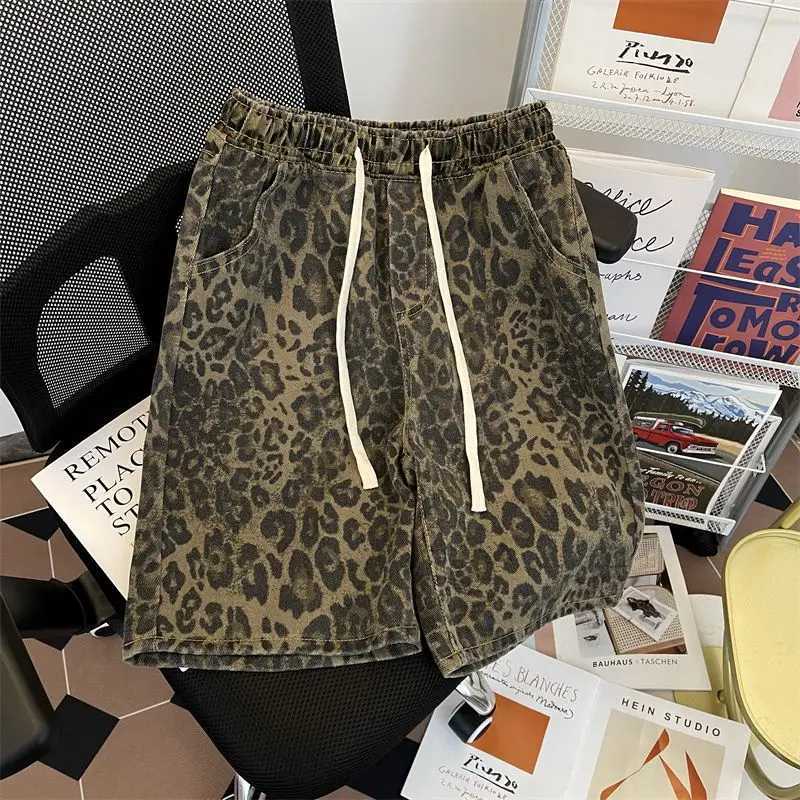 American Retro Leopard Print Denim Shorts Mens High Street Niche Loose Design Five-point Mid-pants W250610
