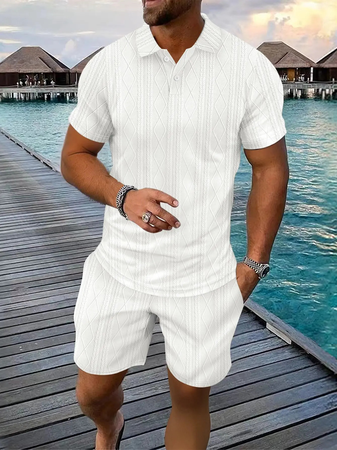 Mens Fashion Striped Jacquard Two-Piece Set Casual Loose Lapel T-Shirt Top Spring Summer Sports Beach Set 250606