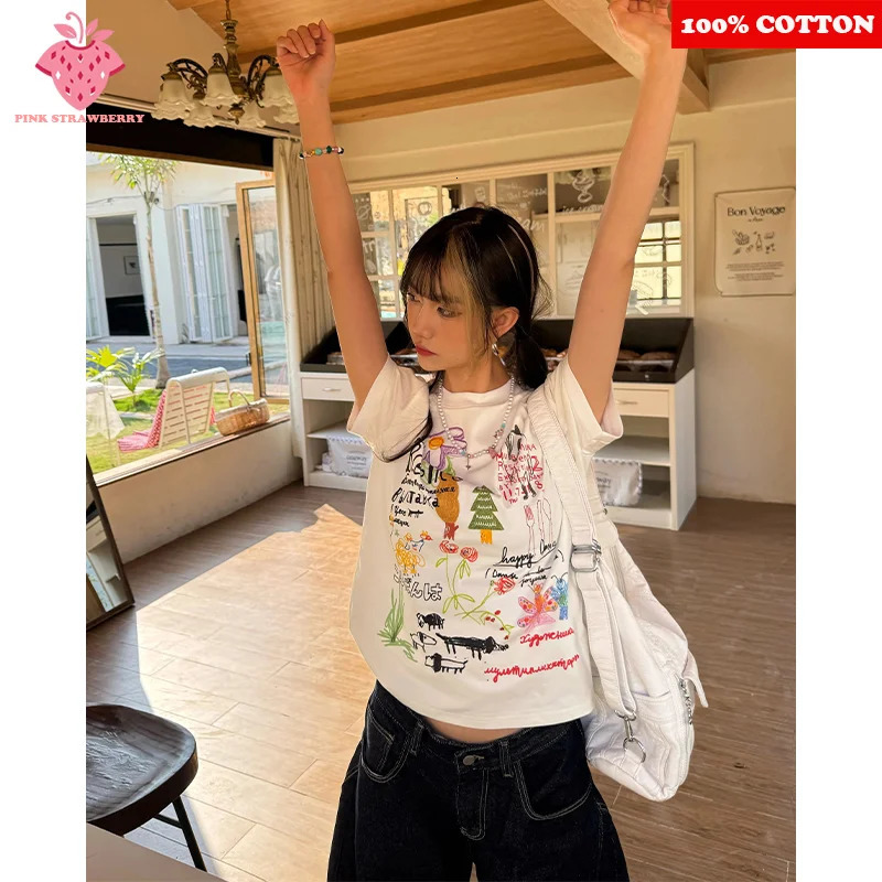 Sweet Graffiti dessin animé imprimement Tshirt Womens Summer 100% coton à manches courtes lâches décontractées y2k top vestime féminin 250610