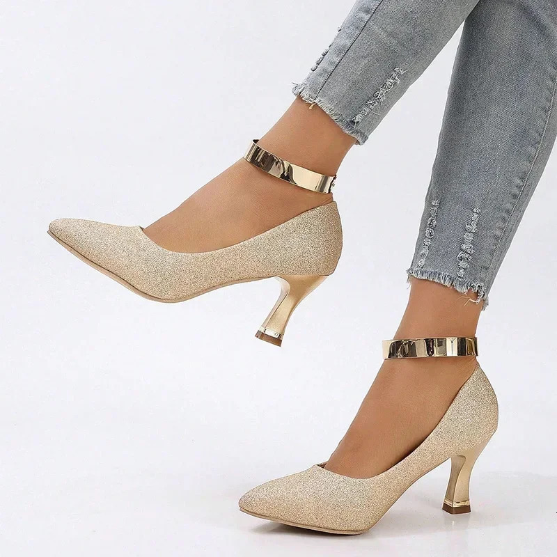 Shiny Gold Sequin High Heels Pumps for Women Autumn Fashion Thin Heeled Party Wedding Shoes Pointed Toe Slip-On Pumps Mujer 250606