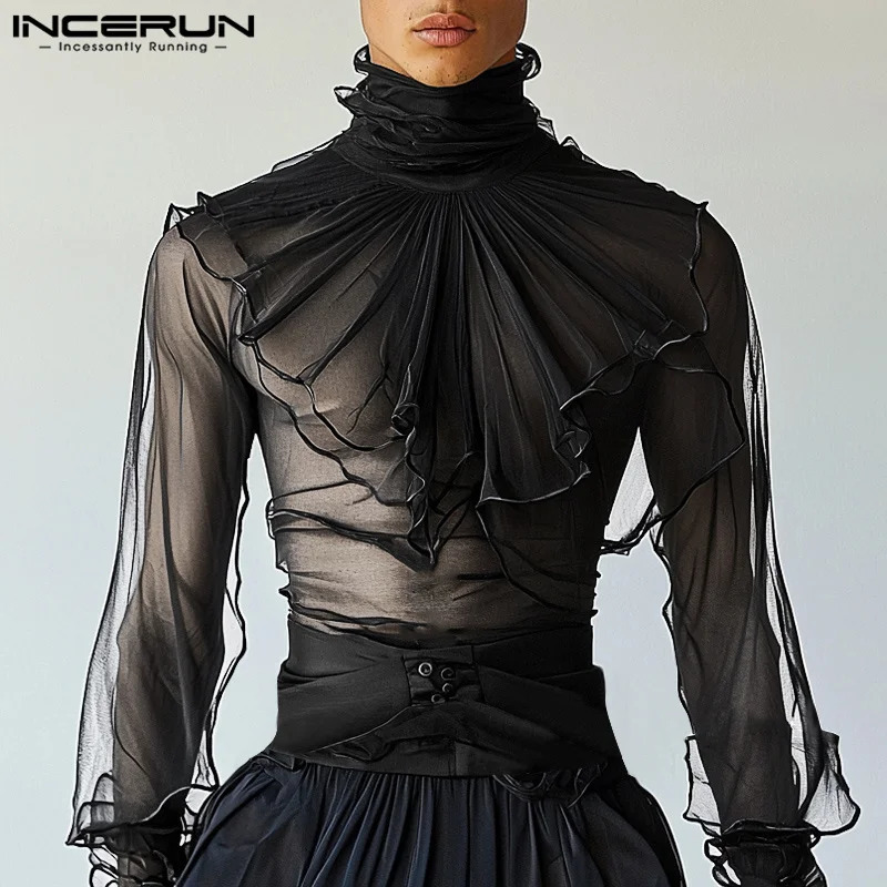 Fashion Well Fitting Tops INCERUN Sexy Men Thin High Neck Shoulder Pleated Shirt Casual Party Nightclub Long Sleeved Blouse 2025 250609