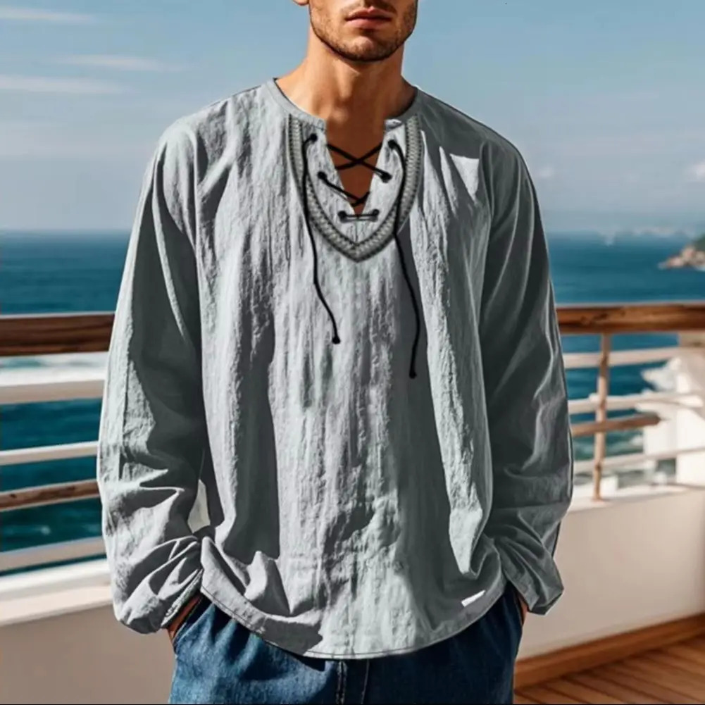 Men Causal Shirt Vintage Ethnic Boho Spring Lace-up V Neck Long Sleeves Shirt Fall Breathable Cotton Men Sweatshirt Retro Top 250606