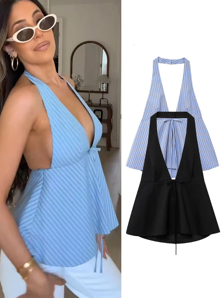 TFMLN Summer Women Bow Halter Tank Tops Deep V Neck Sleeveless Open Back Vest Lady Casual A-line Slim Halter Tops Streetwear 250606