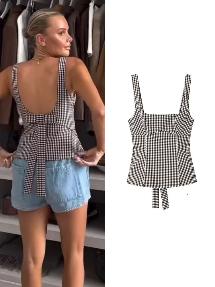 TFMLN Women Bow Backless Tank Top Casual Plaid Print Sleeveless Wide Sling Female Streetwear Summer Slim Fashion 250606