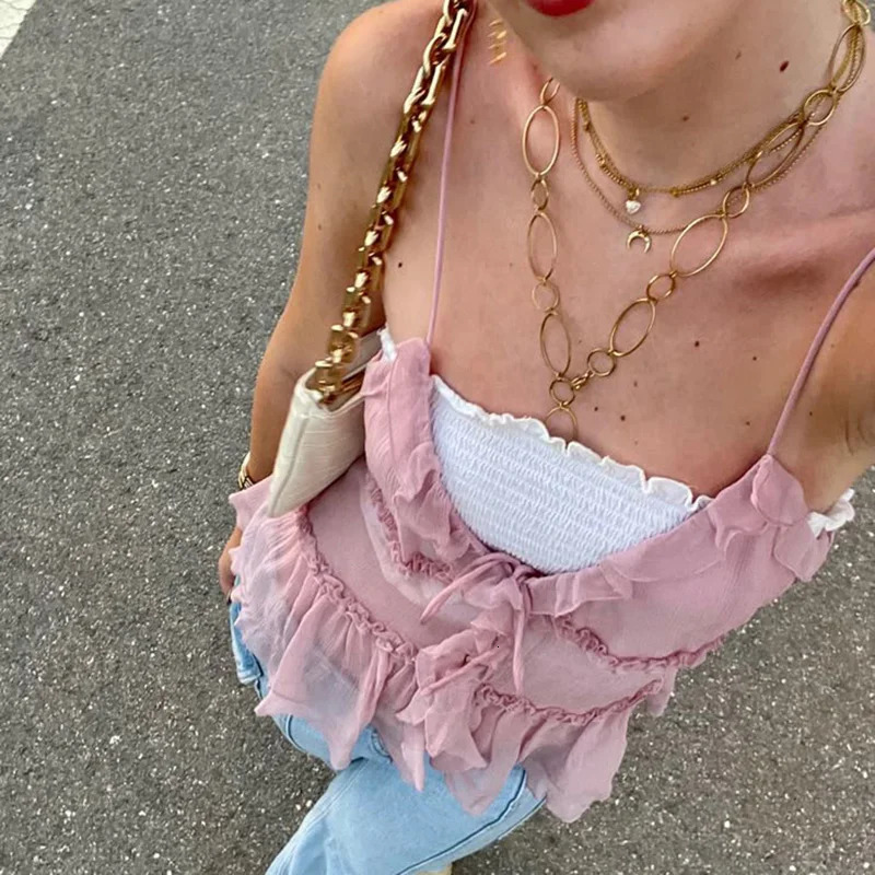 Y2k Flowy Peplum Camisole Fairy Coquette Front Tie Up babydoll Crop Tops Women Vacation Ruffles V Neck Backless Tank Tops 250606
