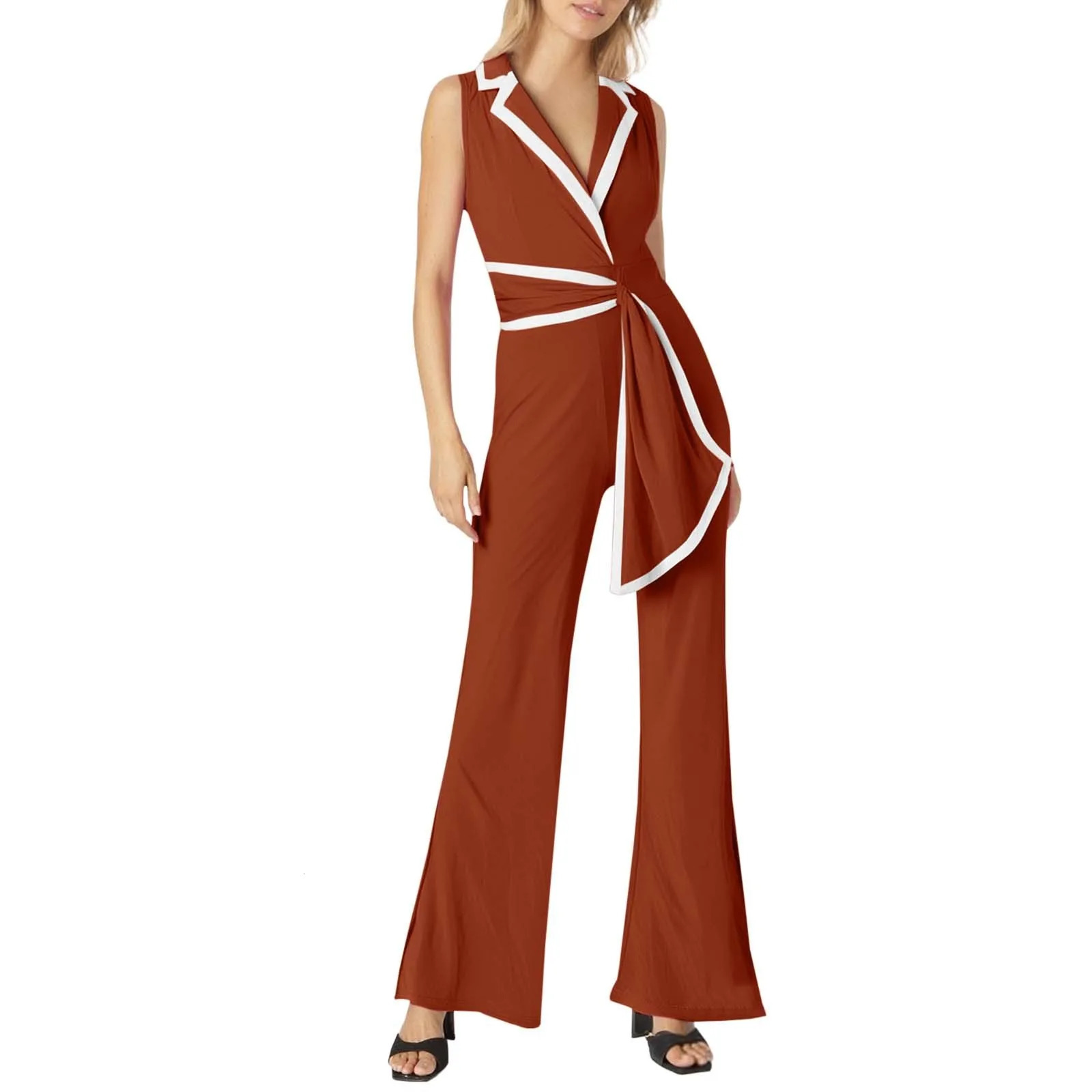 Womens Skinny Jumpsuits Chic Full Length Fashion Summer V Neck Elegant Sleeveless Office Lady Wide Leg Pants Jumpsuit 250606