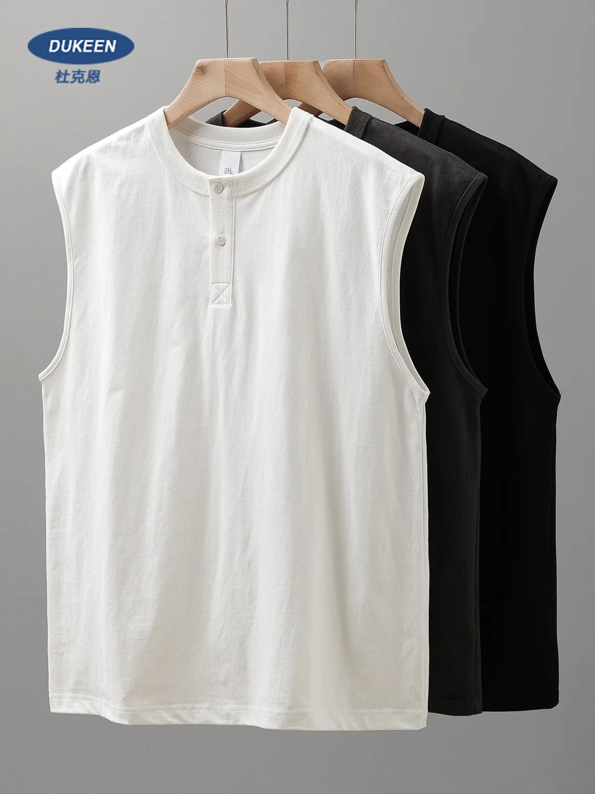 DUKEEN 100% Cotton Henley Collar Vest Mens Clothing Sleeveless Tops Oversized T-Shirt Solid Color Gym T-Shirt Man 11.3Oz 250606