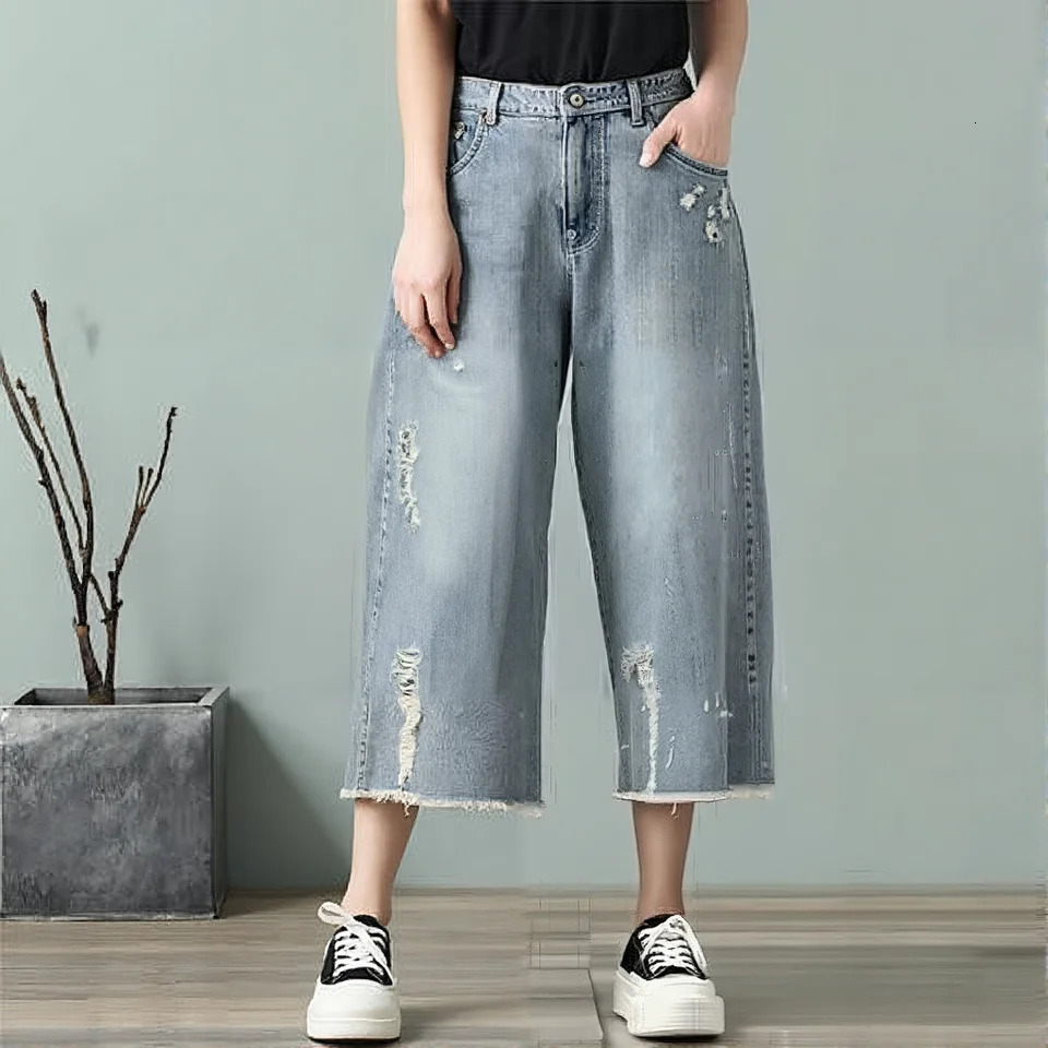 Ripped Jeans Woman Calf-Length Pants Womens Wide Legs Loose Thin Summer Retro Denim High Waist Baggy Korean Fashion Clothes 250606