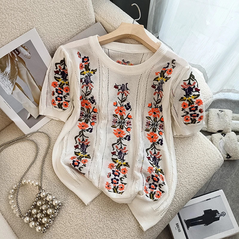 Hollow Out Pullover Embroidery Sweaters Women Sueter Mujer Vintage Tops Spring Summer Floral Knitted Jumper Sweater Shirts 250606