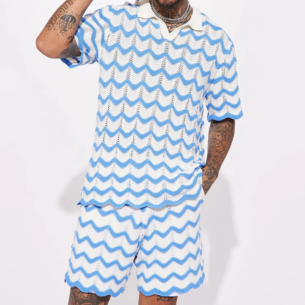 Summer Casual Suit Mens Streetwear Contrasting Color Knitted Polo Shirt Top Sports Shorts Holiday Two-piece Set 250606