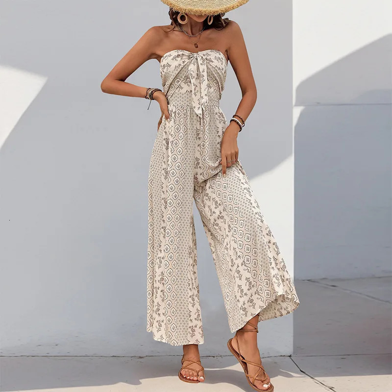 Pantalon de jambe large en dentelle haute taille avec de style ethnique enveloppe de poitrine décontractée pour les femmes 250606
