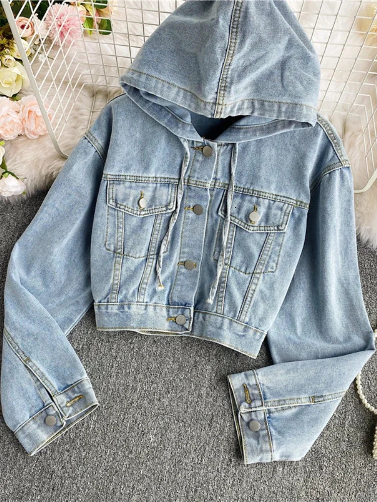 Autumn Winter Denim Coats Solid Color Lace Up Hooded Single Breasted Short Jackets Female Slim All Match Womens Clothing 250610
