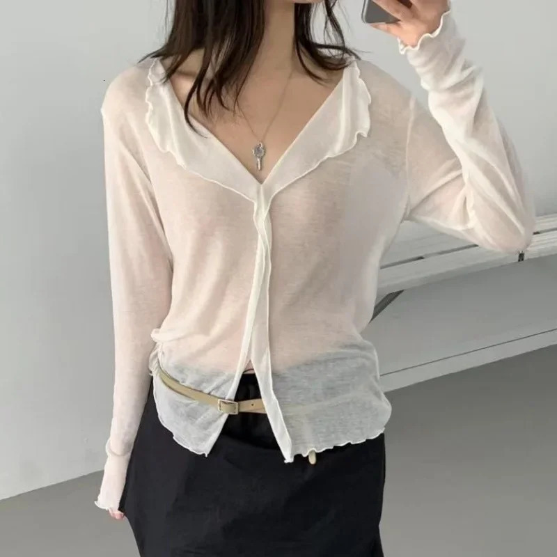 V Neck High Quality Plain T Shirt Women Elastic Basic Tshirts Female Casual Tops Long Sleeve Sexy Thin Tshirt See Through 250610