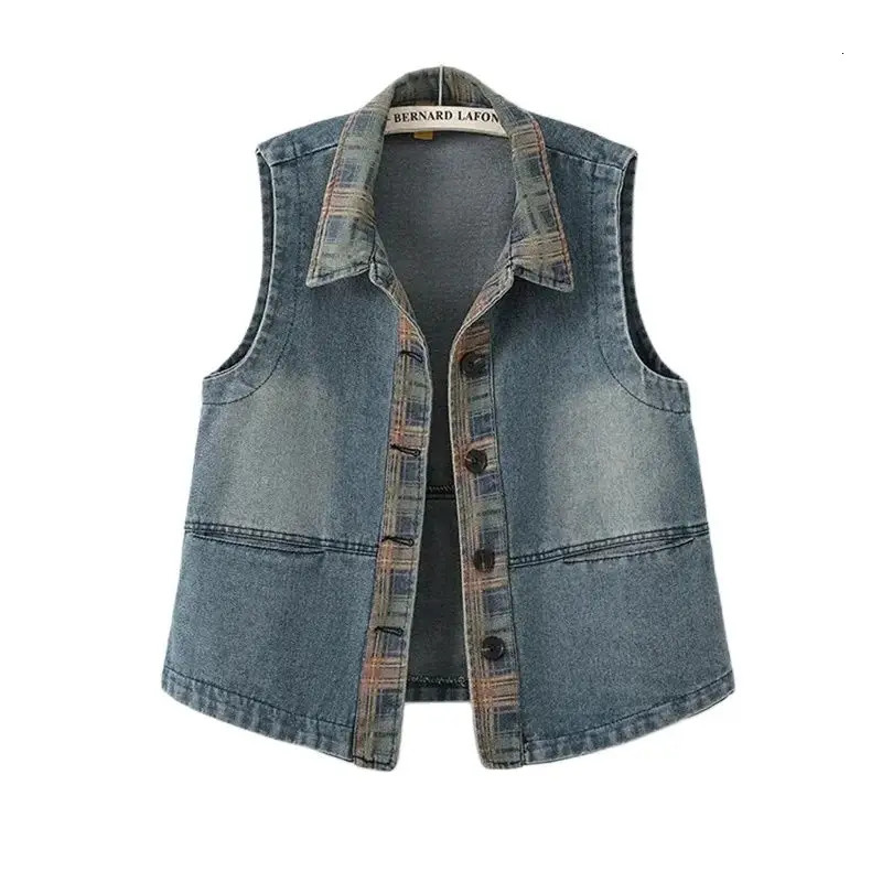 2024 Veste de gilet en jean rétro épissé Femme au printemps Automne Slim Matel sans manches simples Simple Femelle Topscoat Casual Tops250609
