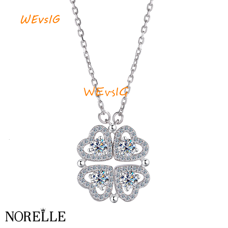 Gra Certified 925 Sterling Silver Moissanite Necklace 1.2ct Double Hearts VVS1 D Color 4mm Four Leaf Clover Pendant Unique