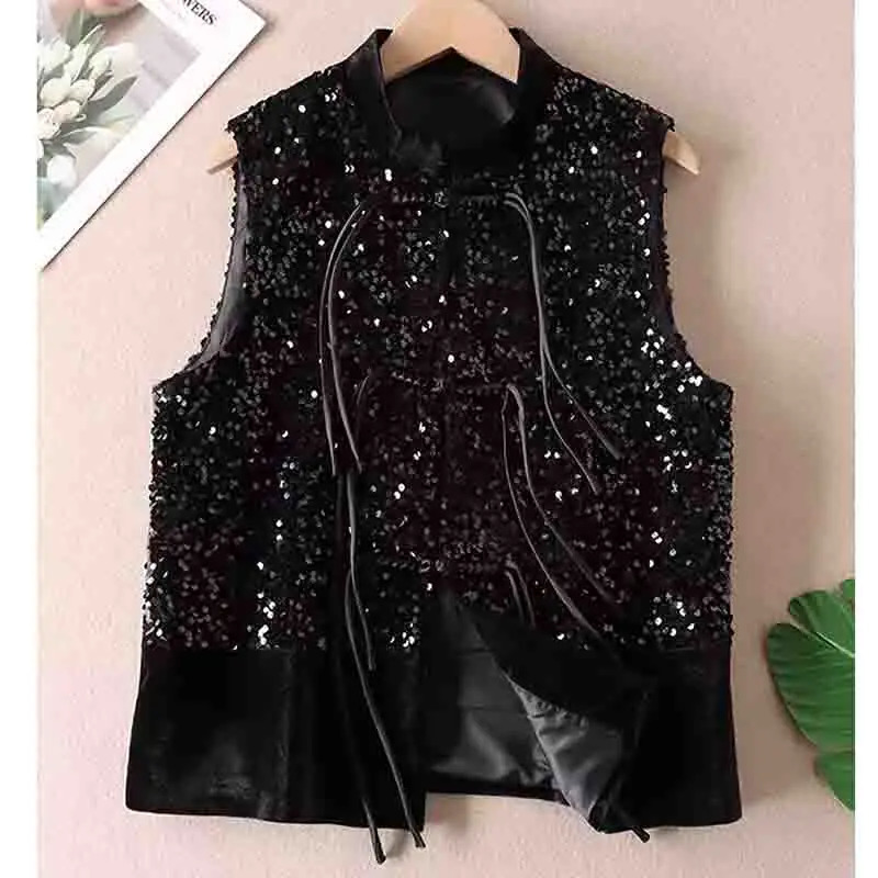 Veste de gilet à paillettes de style chinois Velvet brillant au manteau sans manche premium automne 2024 veste épaule noire xxl mode250609