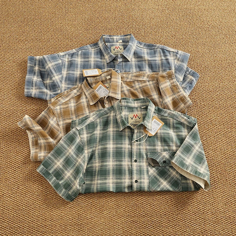 Summer American Retro Short Sleeve Lapel Plaid Cargo Shirt Mens Simple 100% Cotton Washed Single Pocket Casual Blouses 250606