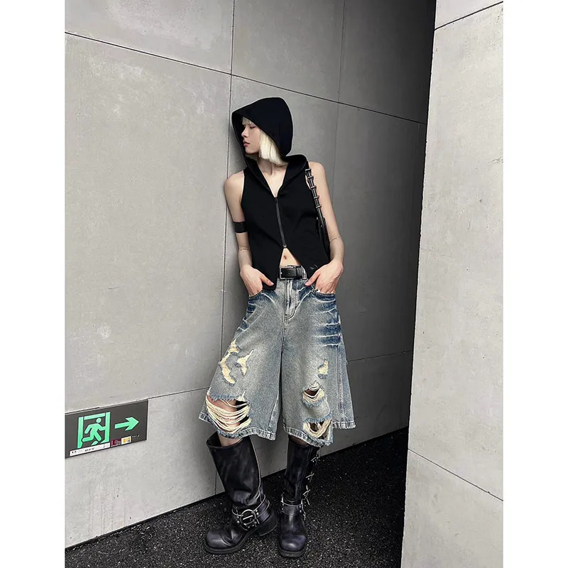 Blue Womens Straight Shorts Jeans Pants High Waist Europe America Street Summer Vintage Ripped Denim Wide Leg Shorts 250606