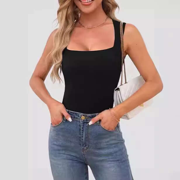 Spicy Girl Summer Sleeveless Off-Shoulder Square Neck Ribbed Strap Top Women's Outerwear B5